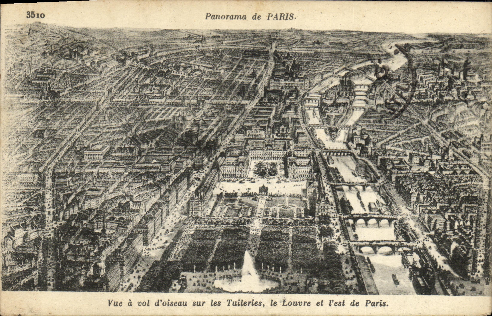 VINTAGE POSTCARD Paris Panorama Seen has flight D bird on Tileries Louvre and L is of Paris