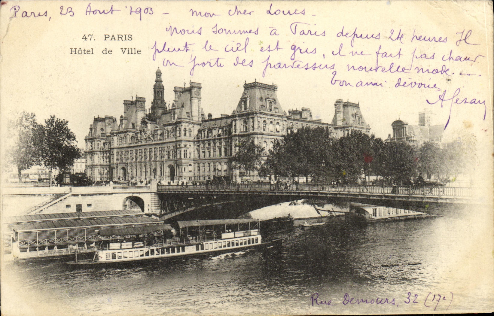 VINTAGE POSTCARD Paris Town hall Barge Boat