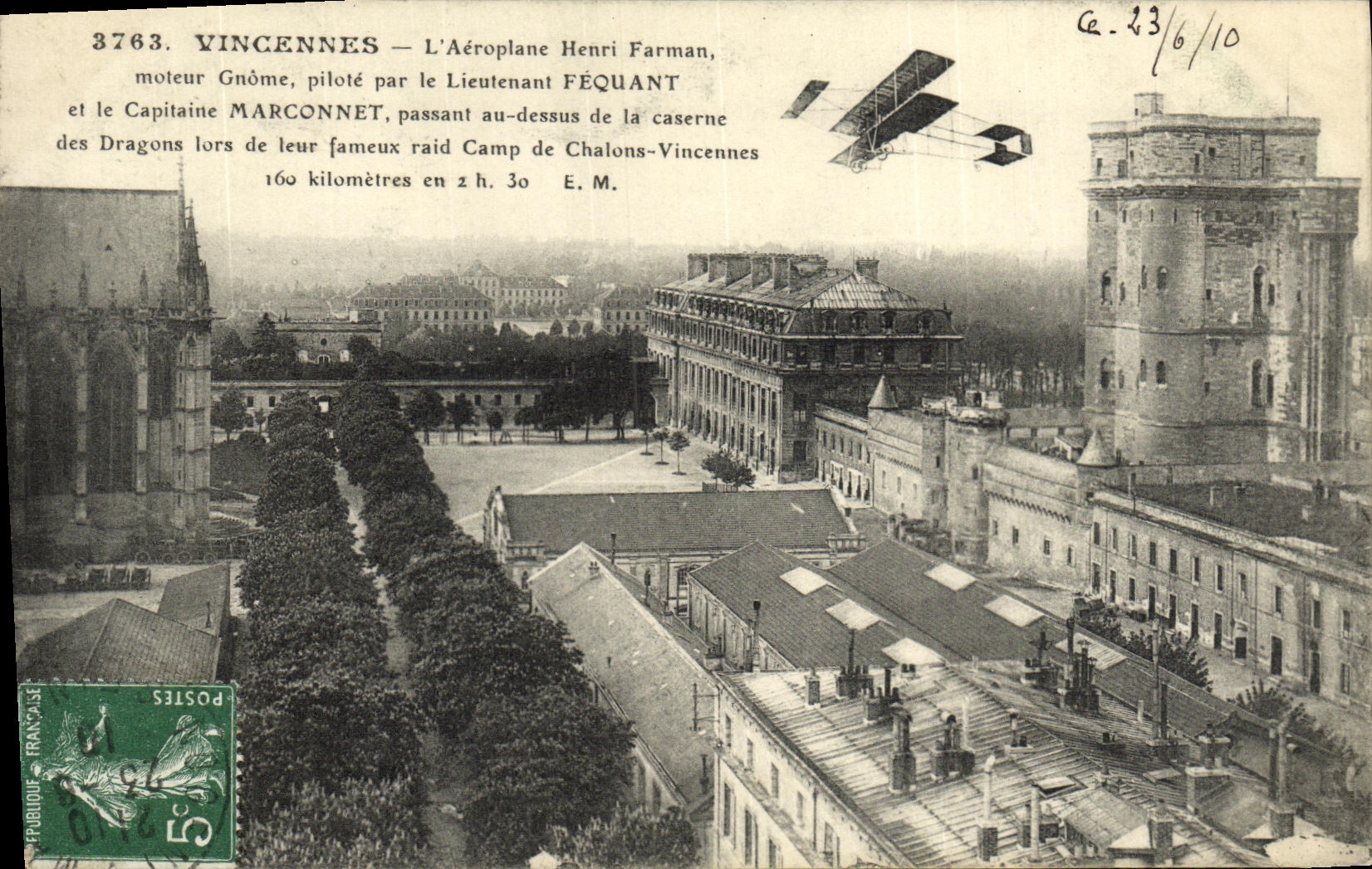 VINTAGE POSTCARD Vincennes L Airplane Henri Farman controls by Fequant and the Marconnet captain