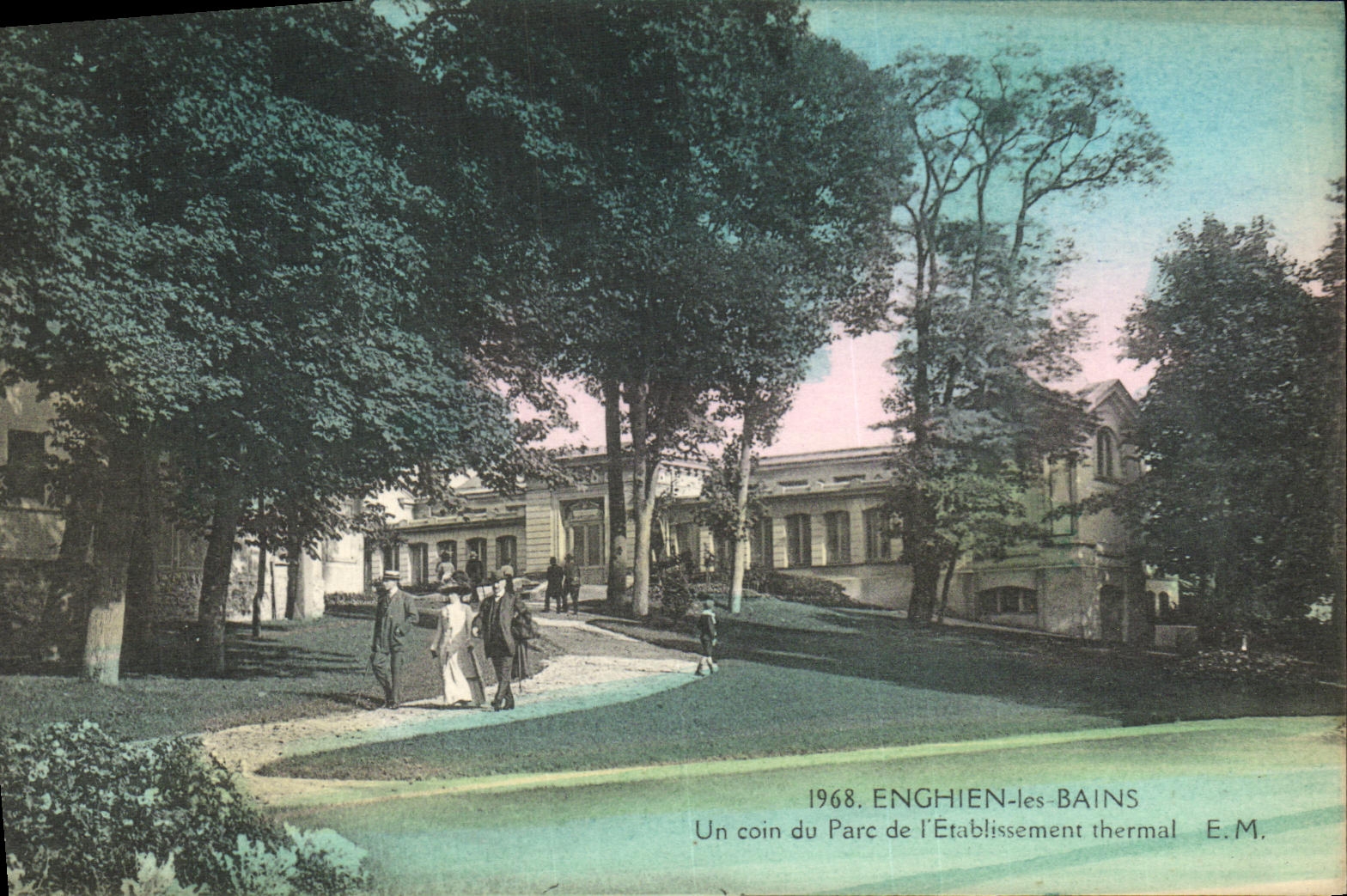 POSTAL Enghien de la VENDIMIA les Bains una esquina del parque de L establecimiento hidropatico