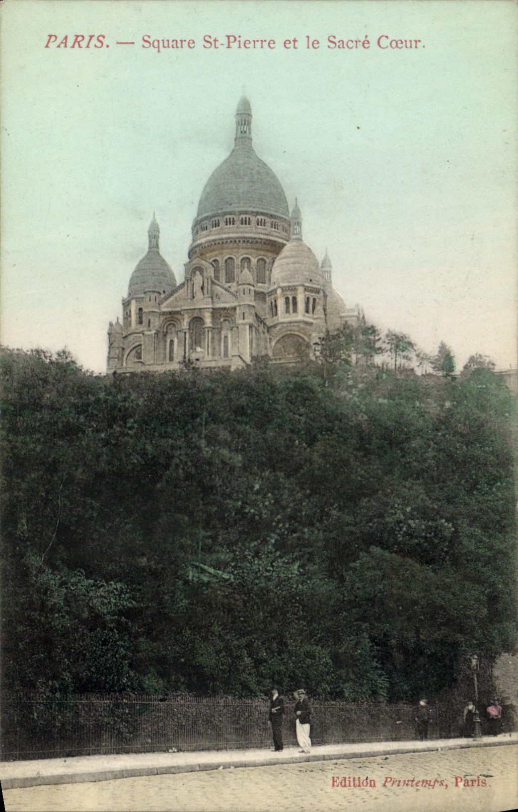 VINTAGE POSTCARD Paris Public garden St Pierre and the Sacring Heart