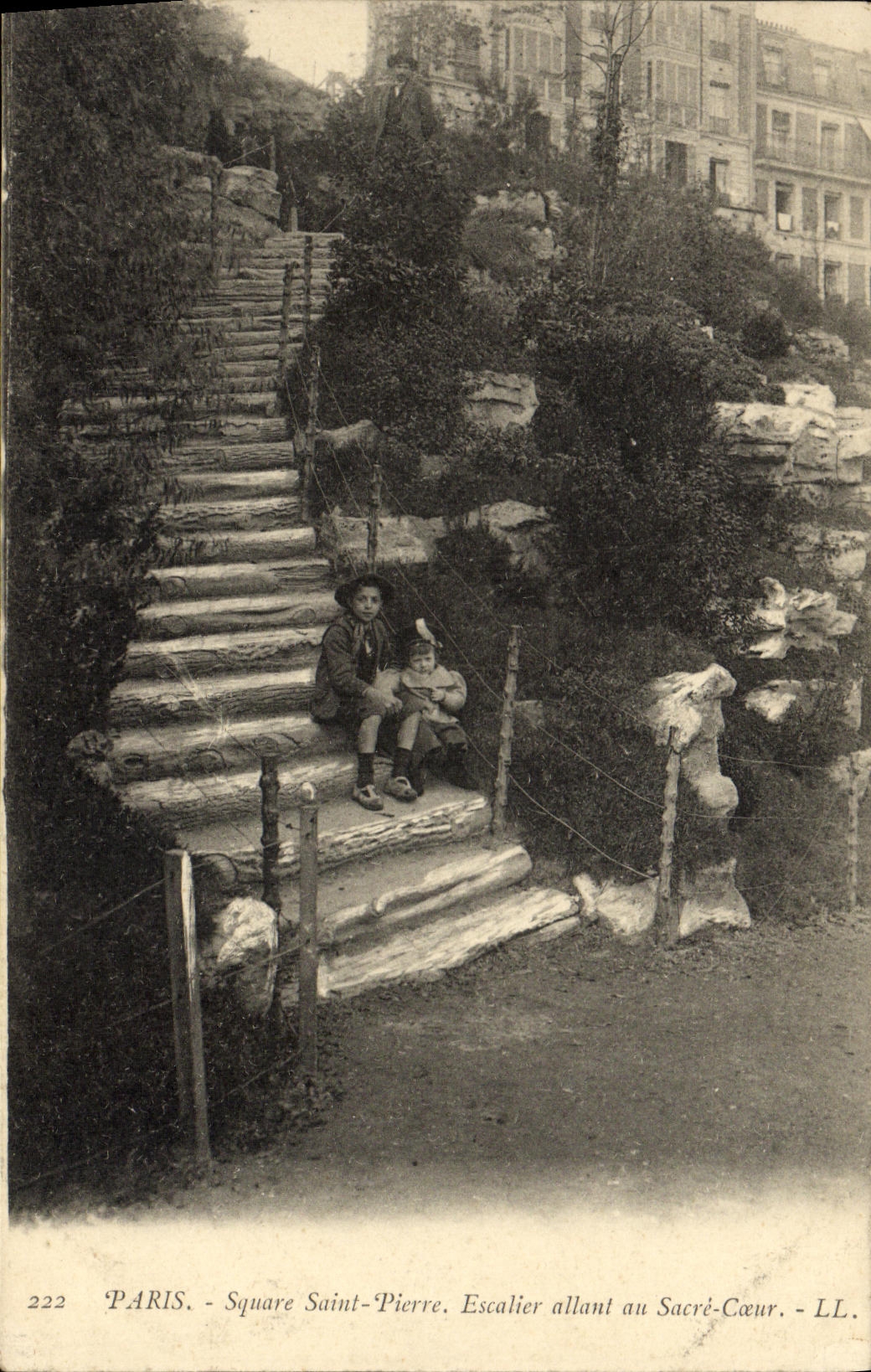 VINTAGE POSTCARD Paris Holy Public garden Piere active Staircase with the Sacring Heart Montmartre Child