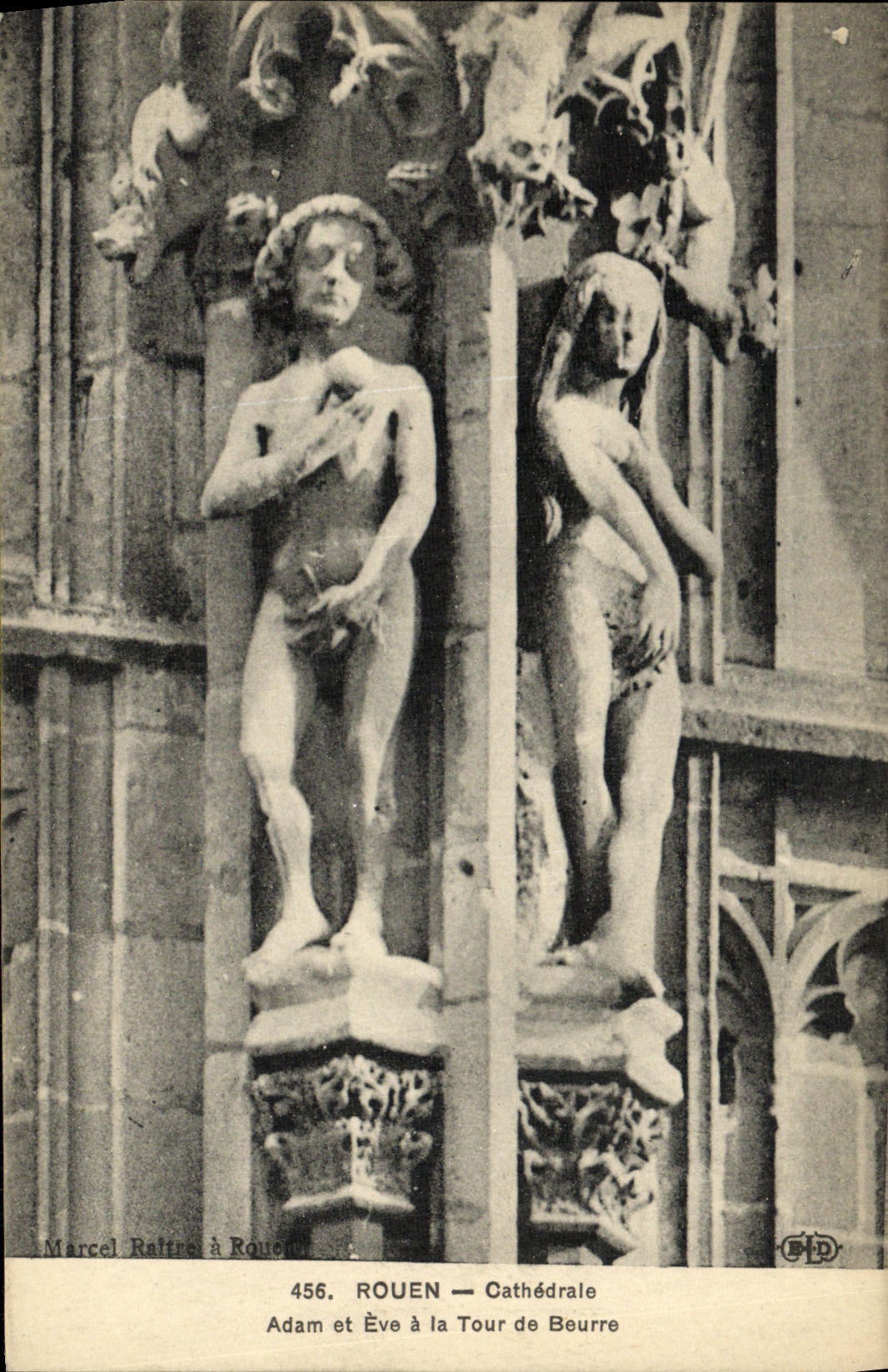 VINTAGE POSTCARD Rouen Cathedral Adam and Eve with the Butter Tower