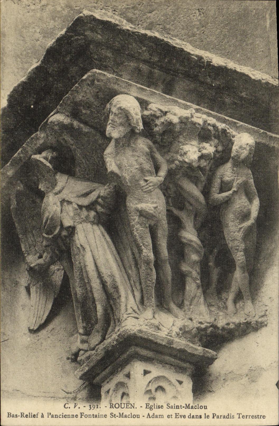 VINTAGE POSTCARD Rouen Eglise Saint Maclou Bas relief has L old fountain St Maclou Adam and Eve in the terrestrial paradise