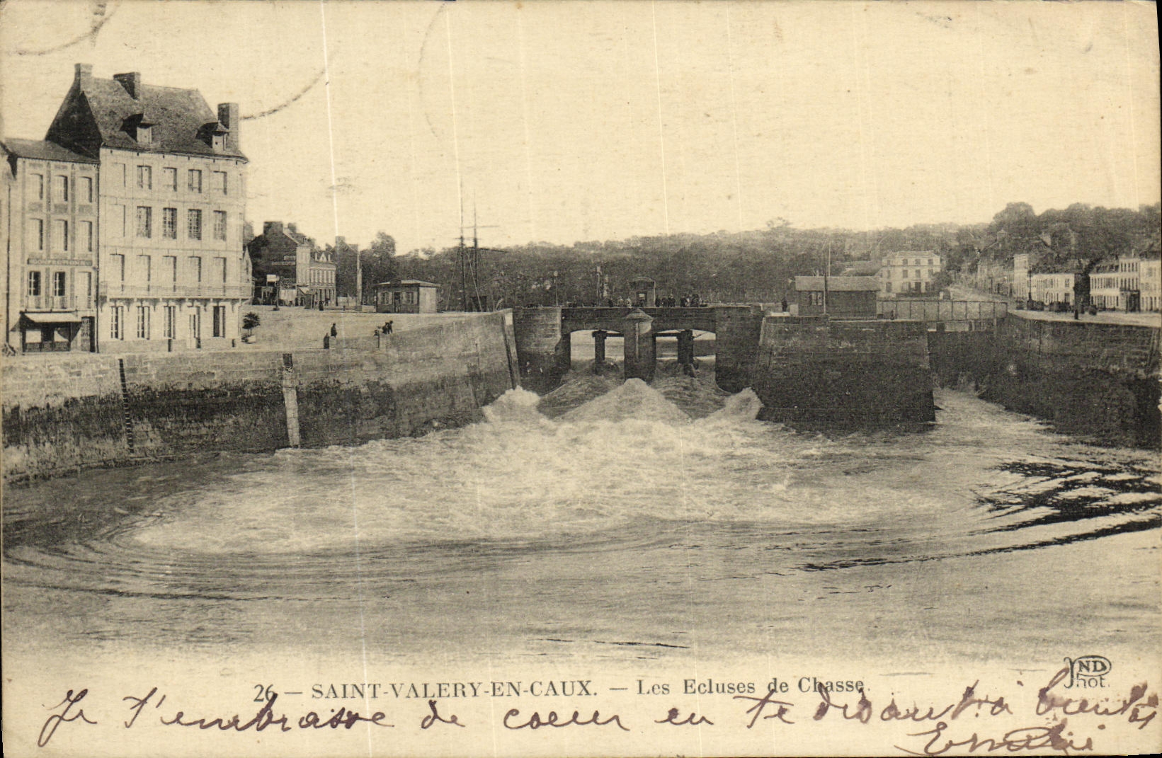 POSTAL Valerio santo de la VENDIMIA en las esclusas que limpian con un chorro de agua de Caux