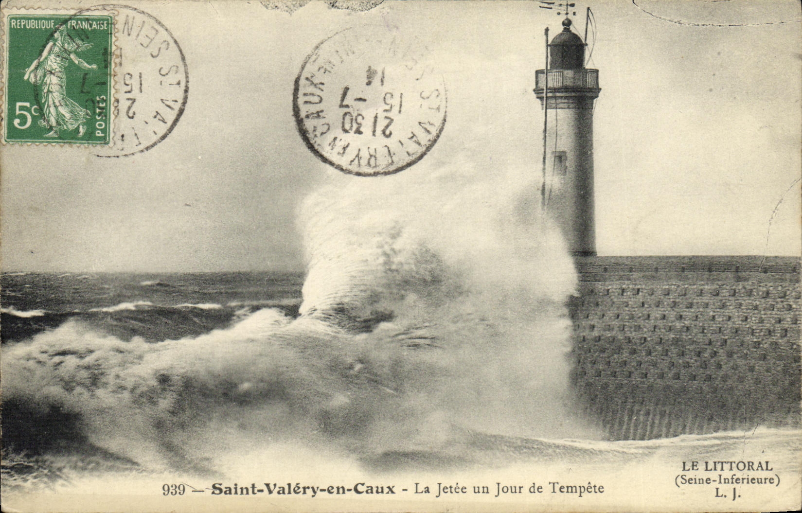 VINTAGE POSTCARD Holy Valery in Caux the Pier one Day of Storm Lighthouse