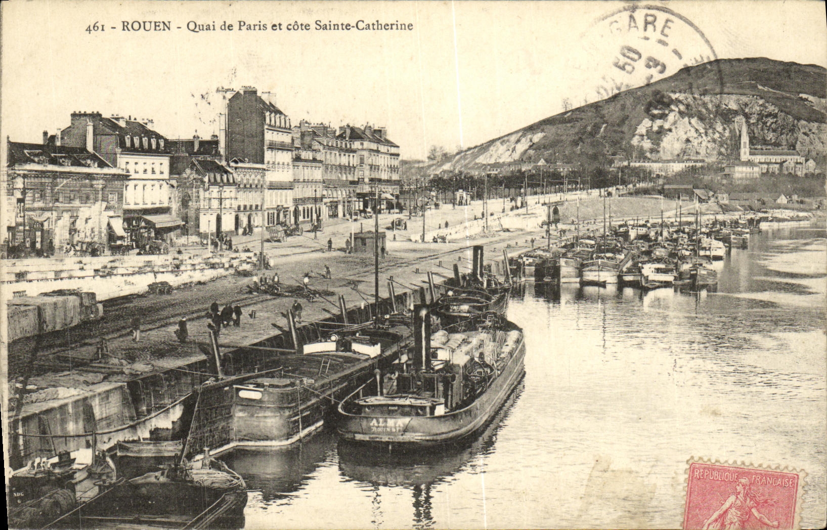 VINTAGE POSTCARD Rouen Quay of Paris and dimension Sainte Catherine Bateaux
