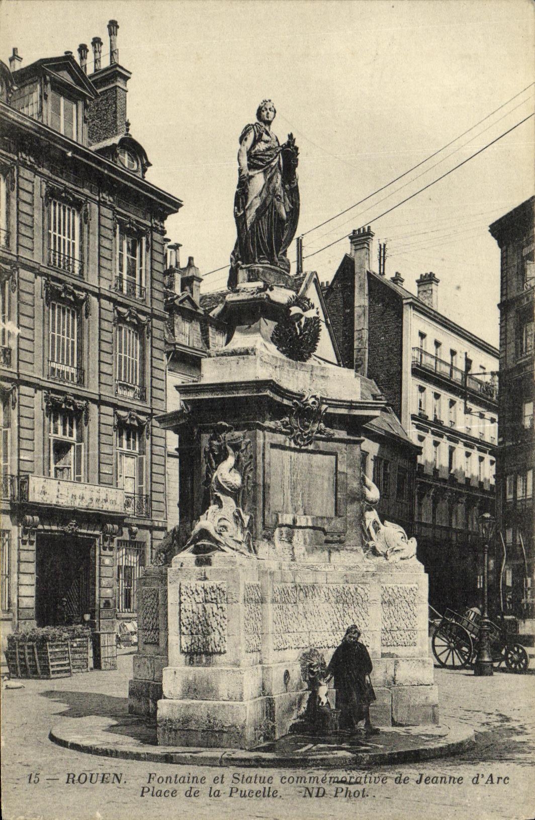 VINTAGE POSTCARD Rouen Fountain and Statue Commemorative of Jeanne D Arc Place of the Virgin