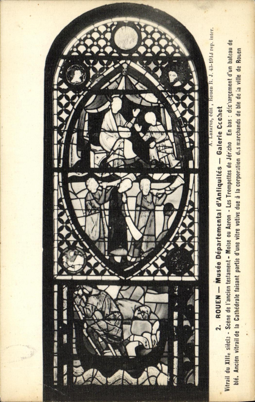 VINTAGE POSTCARD Rouen Musee departmental D antiquities Galerie Cockerel Stained glass Brace or Aaron Trompettes of Jericho