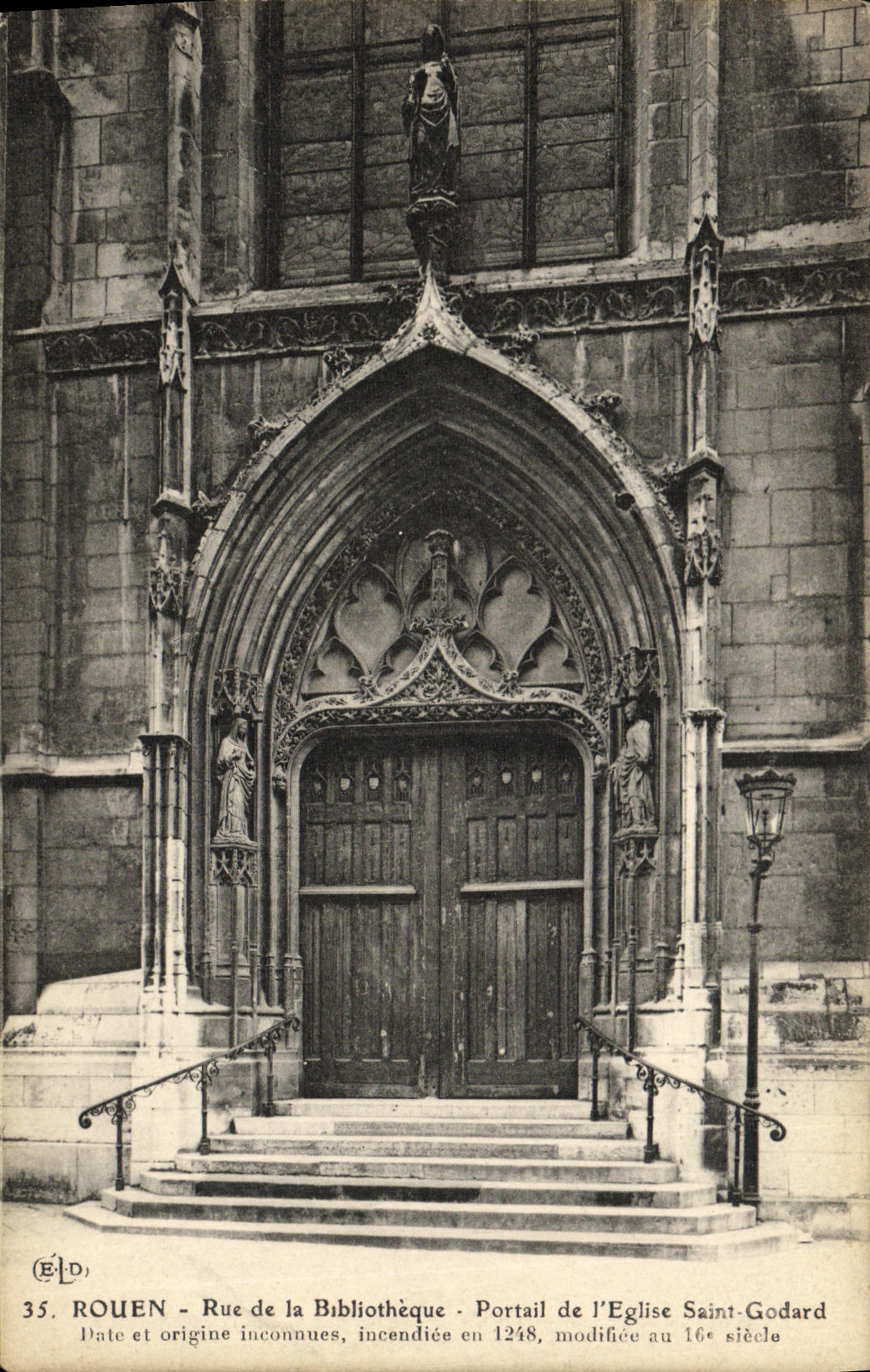VINTAGE POSTCARD Rouen Street of the Library Gate of L church Godard Saint