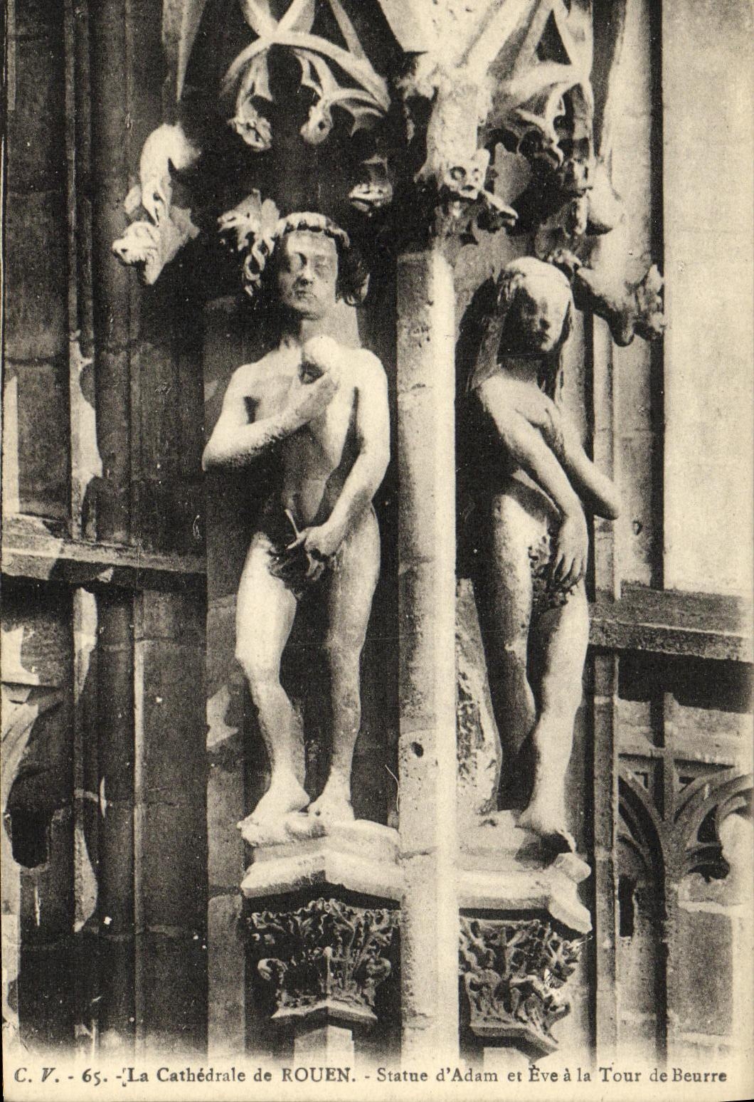 VINTAGE POSTCARD Rouen the Cathedral of Statue D Adam and Eve with the Tower