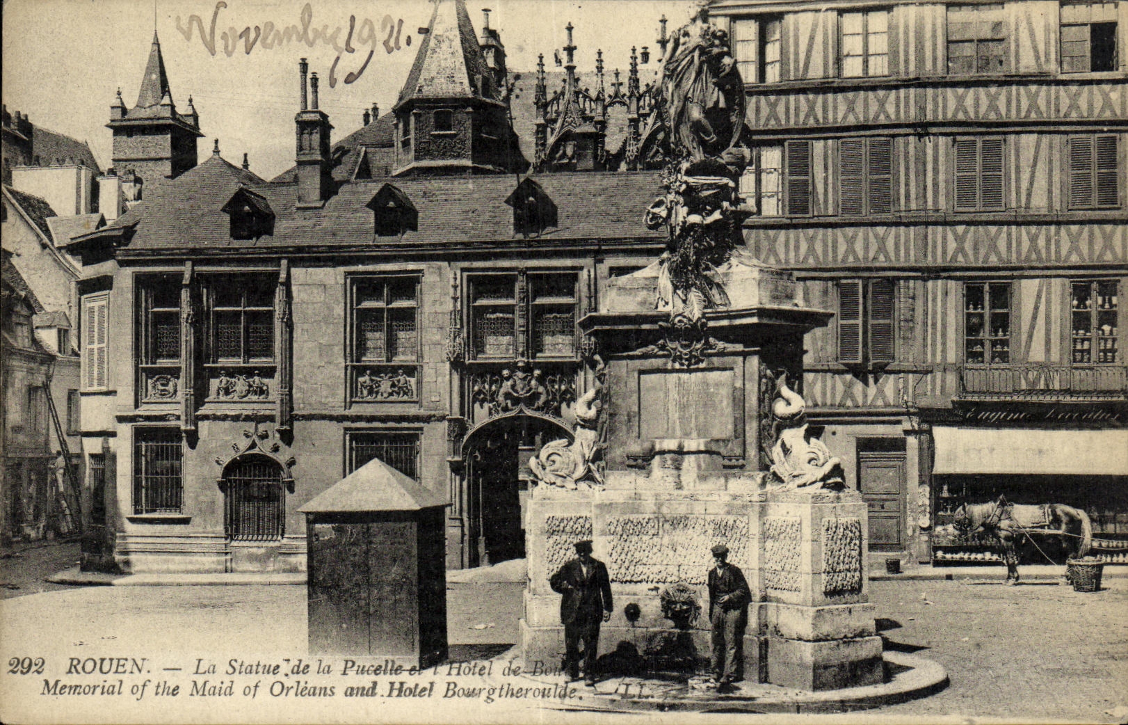 VINTAGE POSTCARD Rouen the Statue of the Virgin and L Hotel of Bourgtheroulde