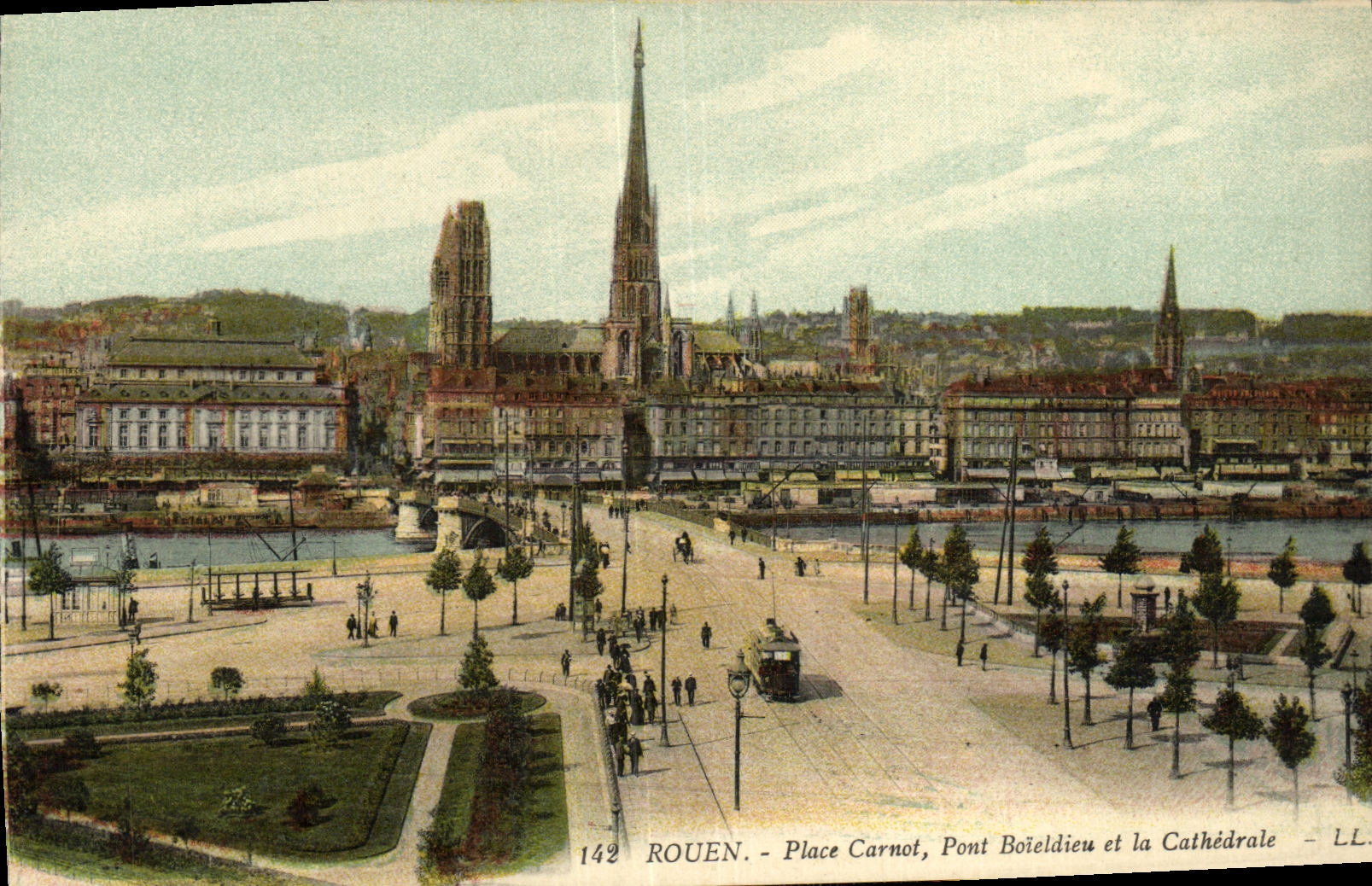 VINTAGE POSTCARD Rouen Places Carnot Pont Boieldieu and the Cathedral