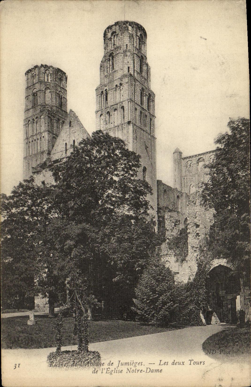 VINTAGE POSTCARD Ruins of L Abbey of Jumieges both Tours of L Notre Dame Church
