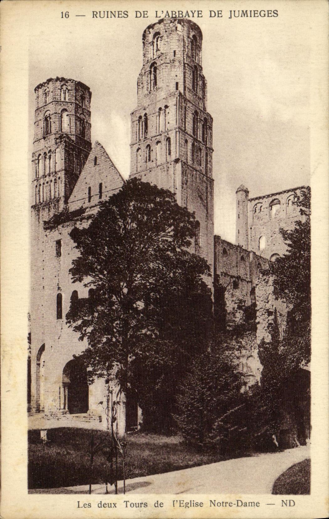 VINTAGE POSTCARD Ruins of L Abbey of Jumieges two turns of L Notre Dame church