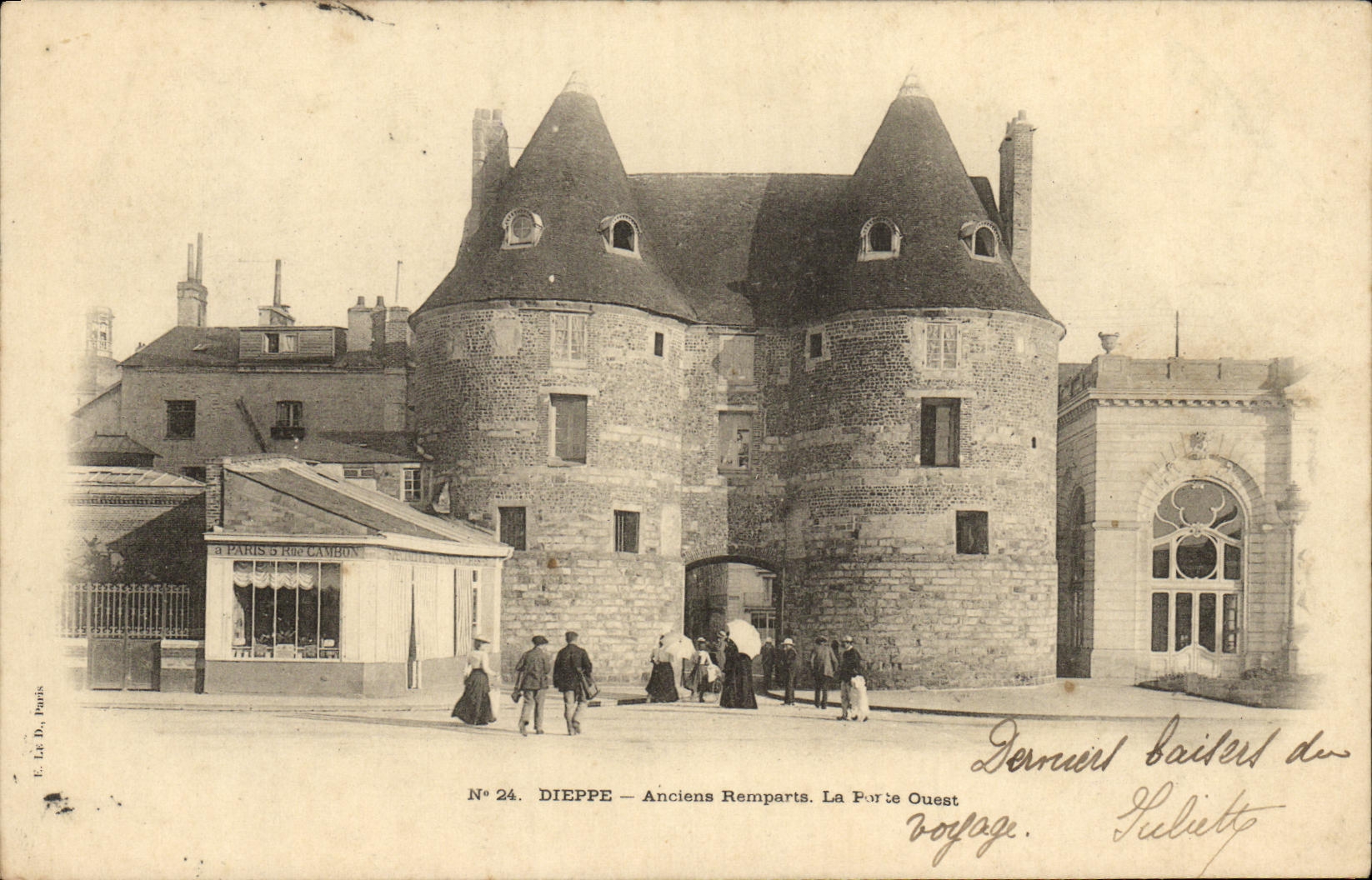 Paredes viejas de Dieppe de la POSTAL de la VENDIMIA la puerta occidental
