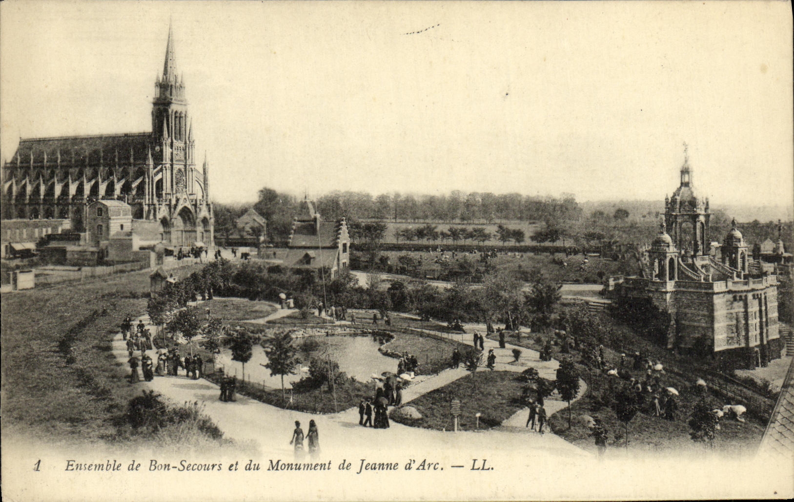 POSTAL de la VENDIMIA junto de la buena ayuda y del monumento del arco de Jeanne D