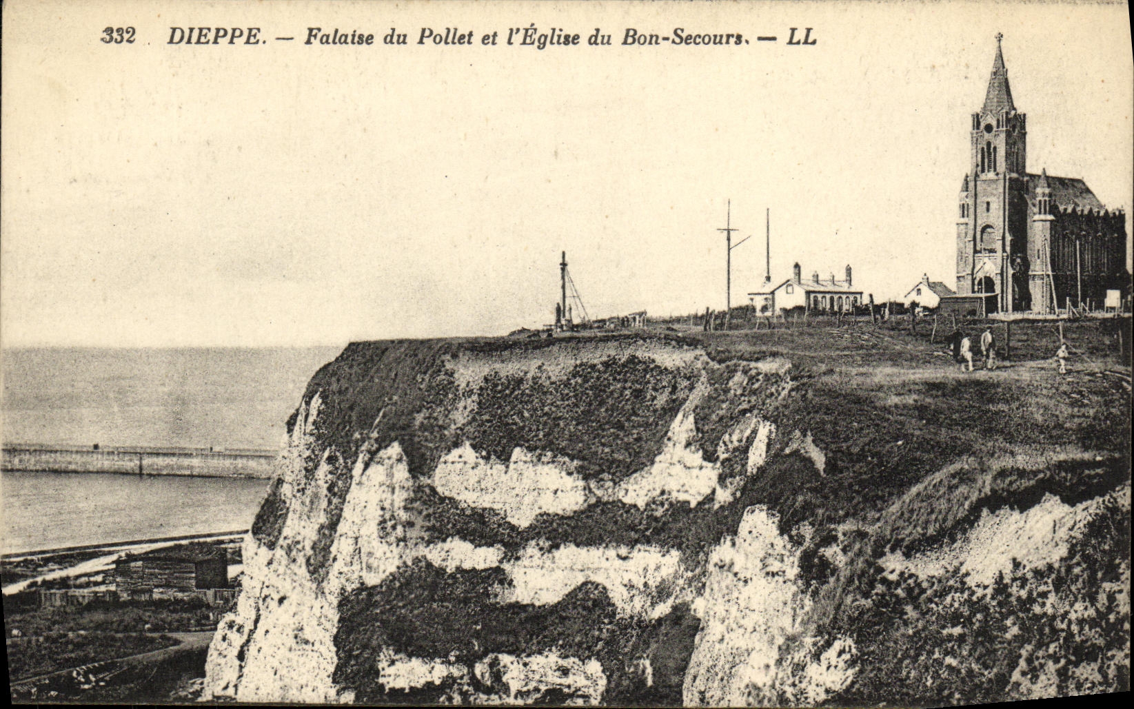 Acantilado de Dieppe de la POSTAL de la VENDIMIA de Pollet y L iglesia de la buena ayuda