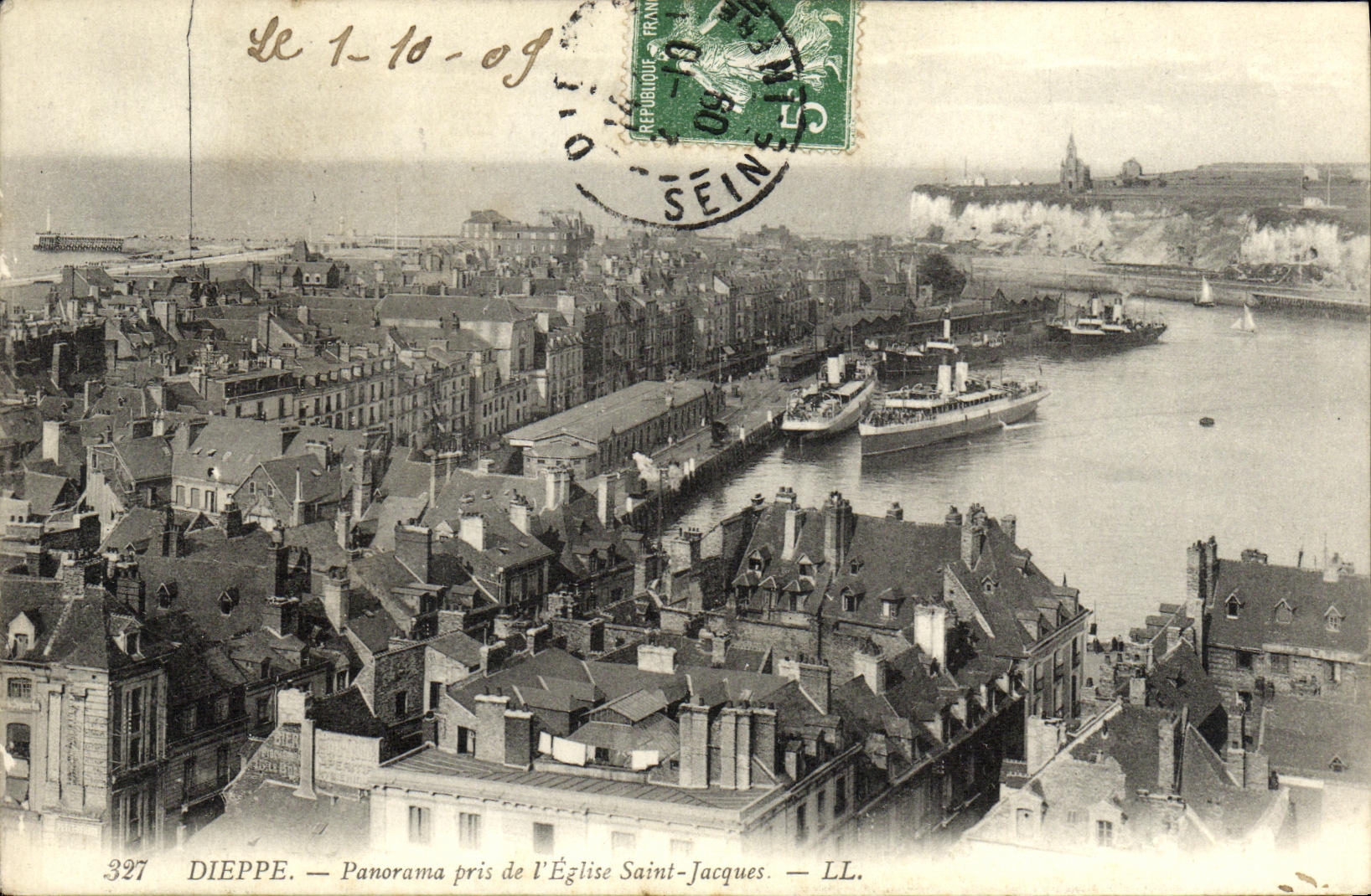 Panorama de Dieppe de la POSTAL de la VENDIMIA tomado de L iglesia Jacques Saint