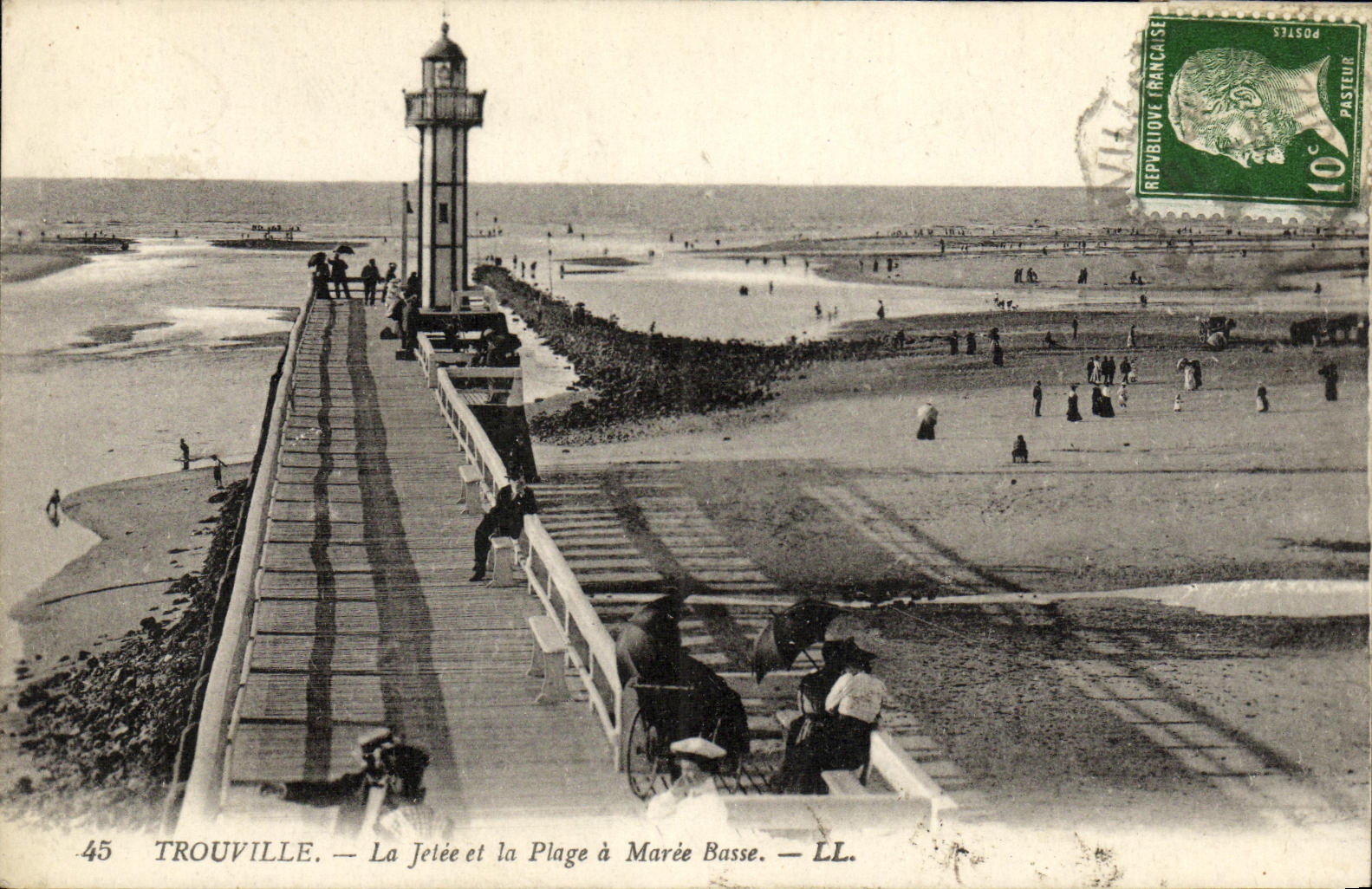 VINTAGE POSTCARD Trouville the Pier and the Beach has Low tide Lighthouse