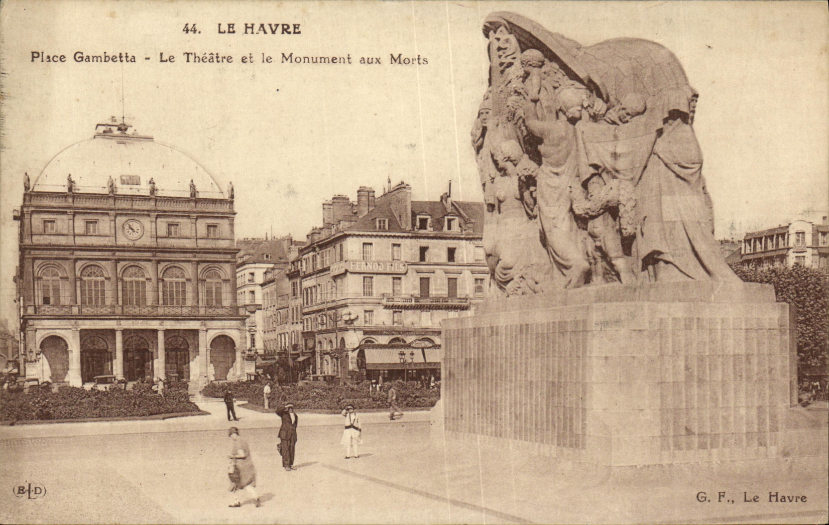 La POSTAL Le Havre de la VENDIMIA coloca Gambetta el teatro y el monumento de la guerra