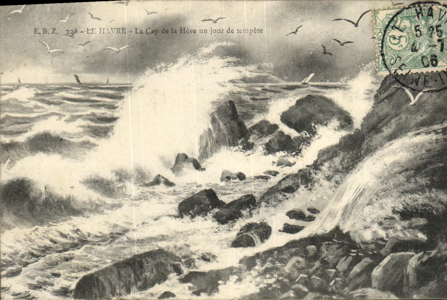 POSTAL Le Havre de la VENDIMIA el cabo de Heve un dia de tormenta