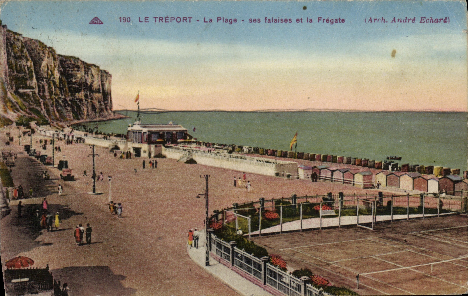 VINTAGE POSTCARD Treport the Beach Its Cliffs and the frigate Tennis