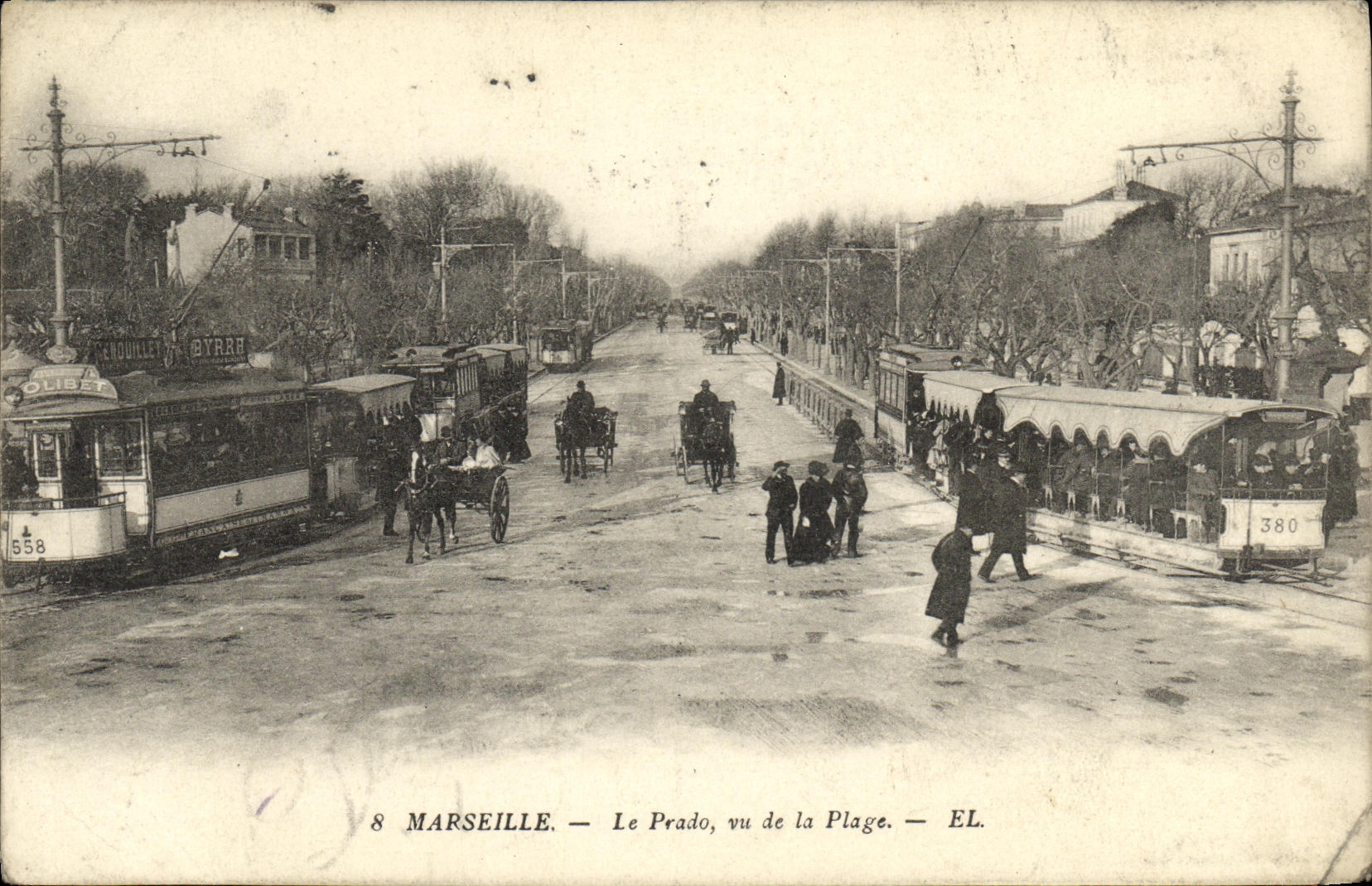 CPA Marseille Le Prado vu de la Plage Tramways