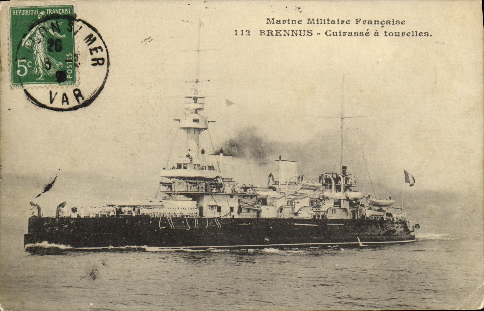VINTAGE POSTCARD Bateau War French Navy Brennus Cuirasse has Tourelles