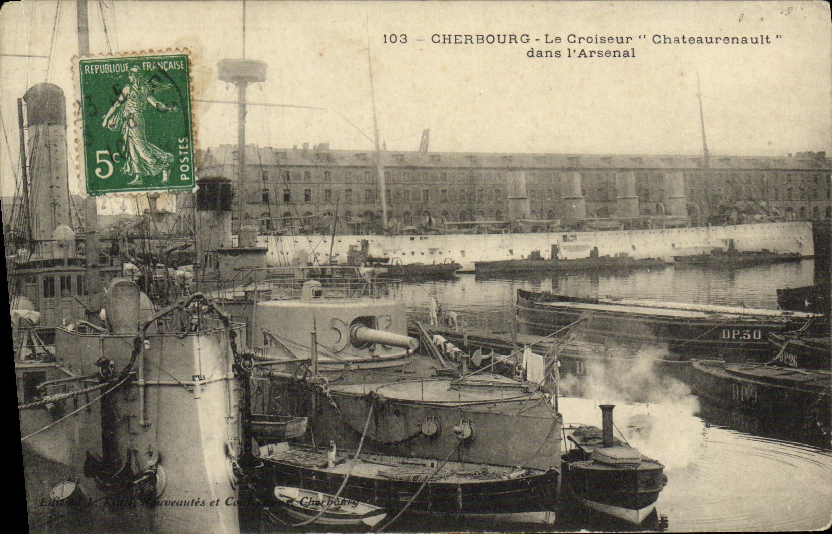 VINTAGE POSTCARD Boat Cherbourg War the Chateaurenault Cruiser in L arsenal
