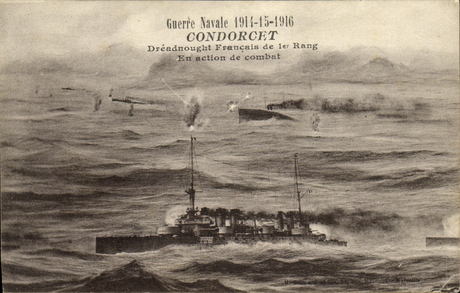 VINTAGE POSTCARD Boat War Condorcet Dreadnought French of 1st Rank in action of combat