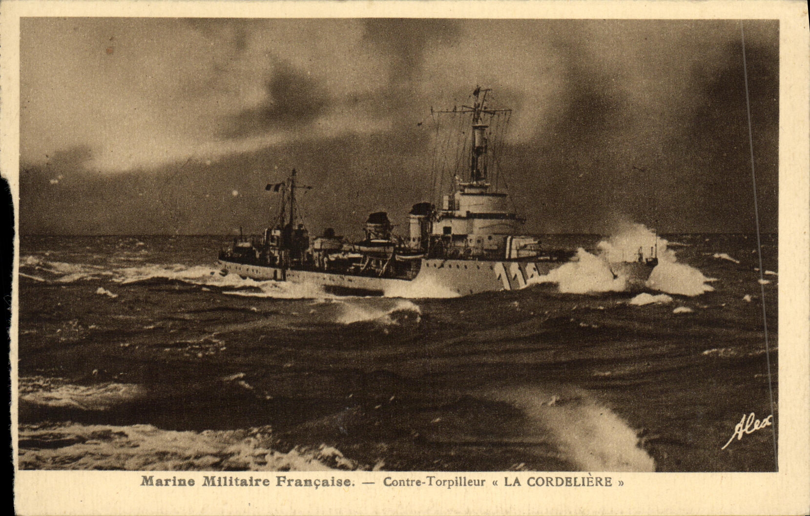 Marina francesa de la guerra del barco de la POSTAL de la VENDIMIA contra el destructor Cordeliers