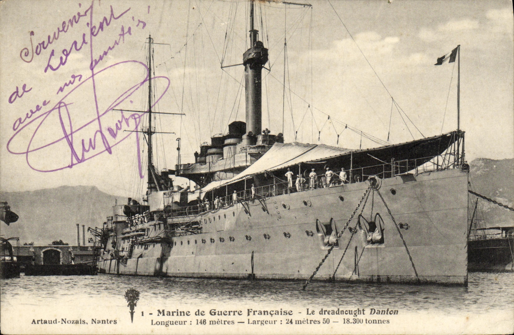 VINTAGE POSTCARD Boat War French Navy Dreadnought Danton