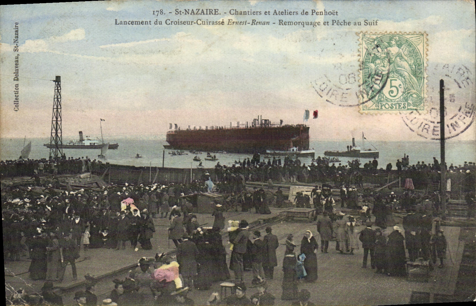 VINTAGE POSTCARD Boat War St Nazaire Building sites and Ateliers of Penhoet Lancement of the cruiser armours Ernest Renan Remorquage and