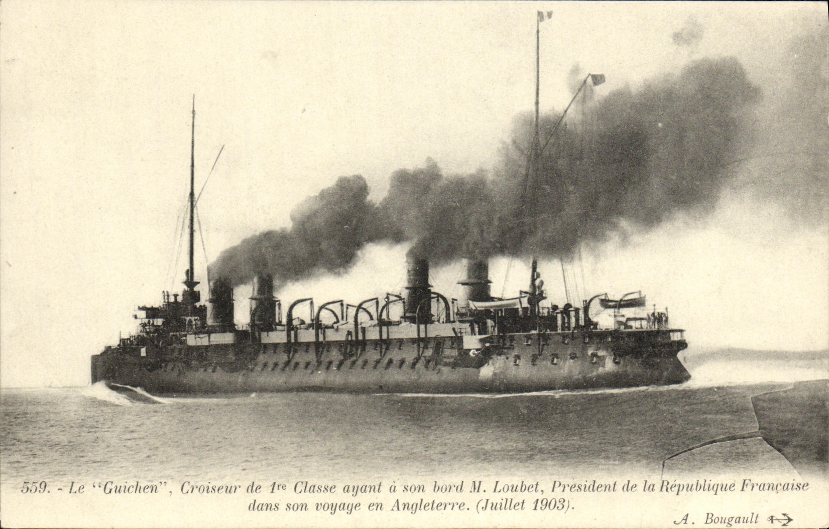 VINTAGE POSTCARD Bateau War Guichen Croiseur of 1st Class having has its Edge Loubet President of the Republic