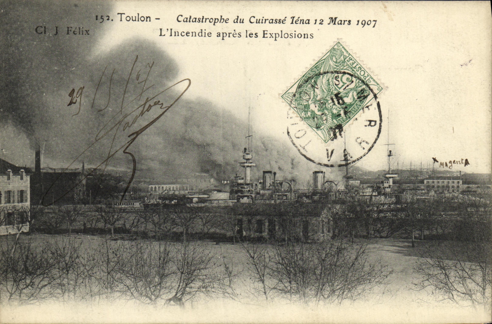 VINTAGE POSTCARD Toulon Catastrophe of the Armor Iena March 1907 L sets fire to after the explosions