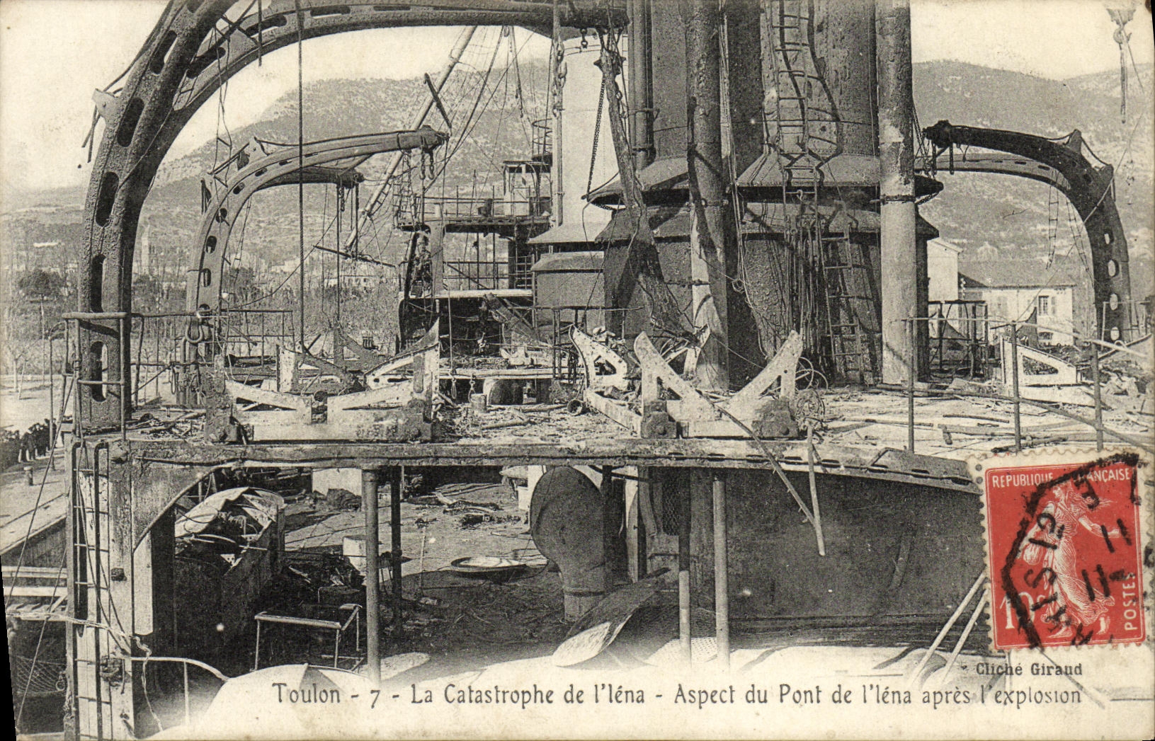 VINTAGE POSTCARD Boat Toulon War the Catastrophe of L lena Aspect of the Bridge of L lena after L explosion