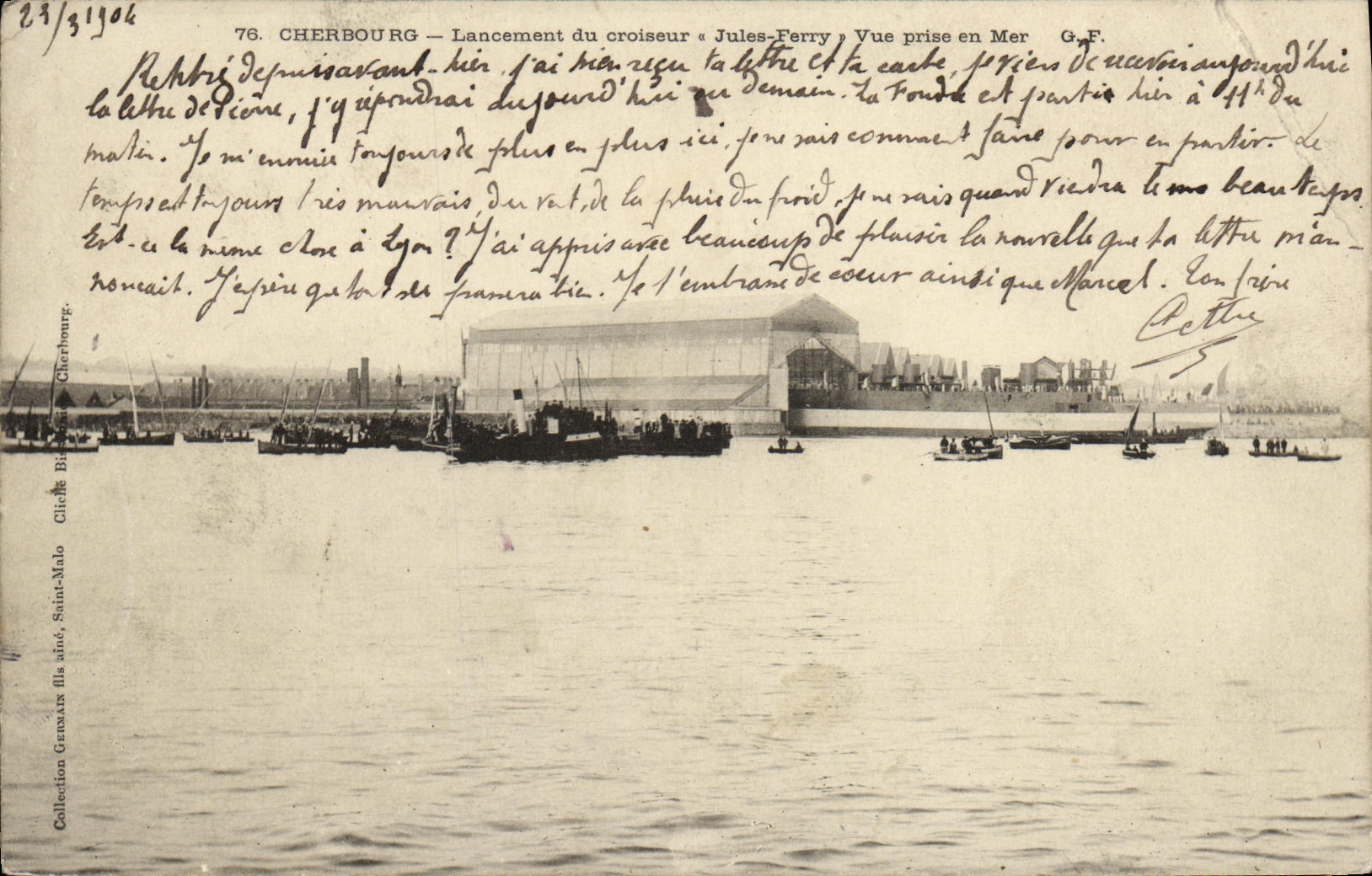 VINTAGE POSTCARD Boat Cherbourg Lancement of the cruiser Jules Ferry Seen from at sea