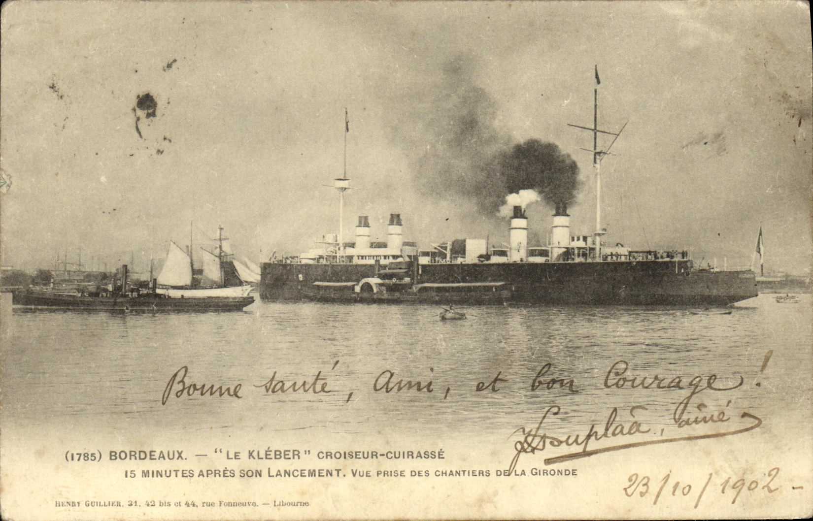 VINTAGE POSTCARD Bateau Bordeaux Kleber Croiseur Armours 15 minutes after launching