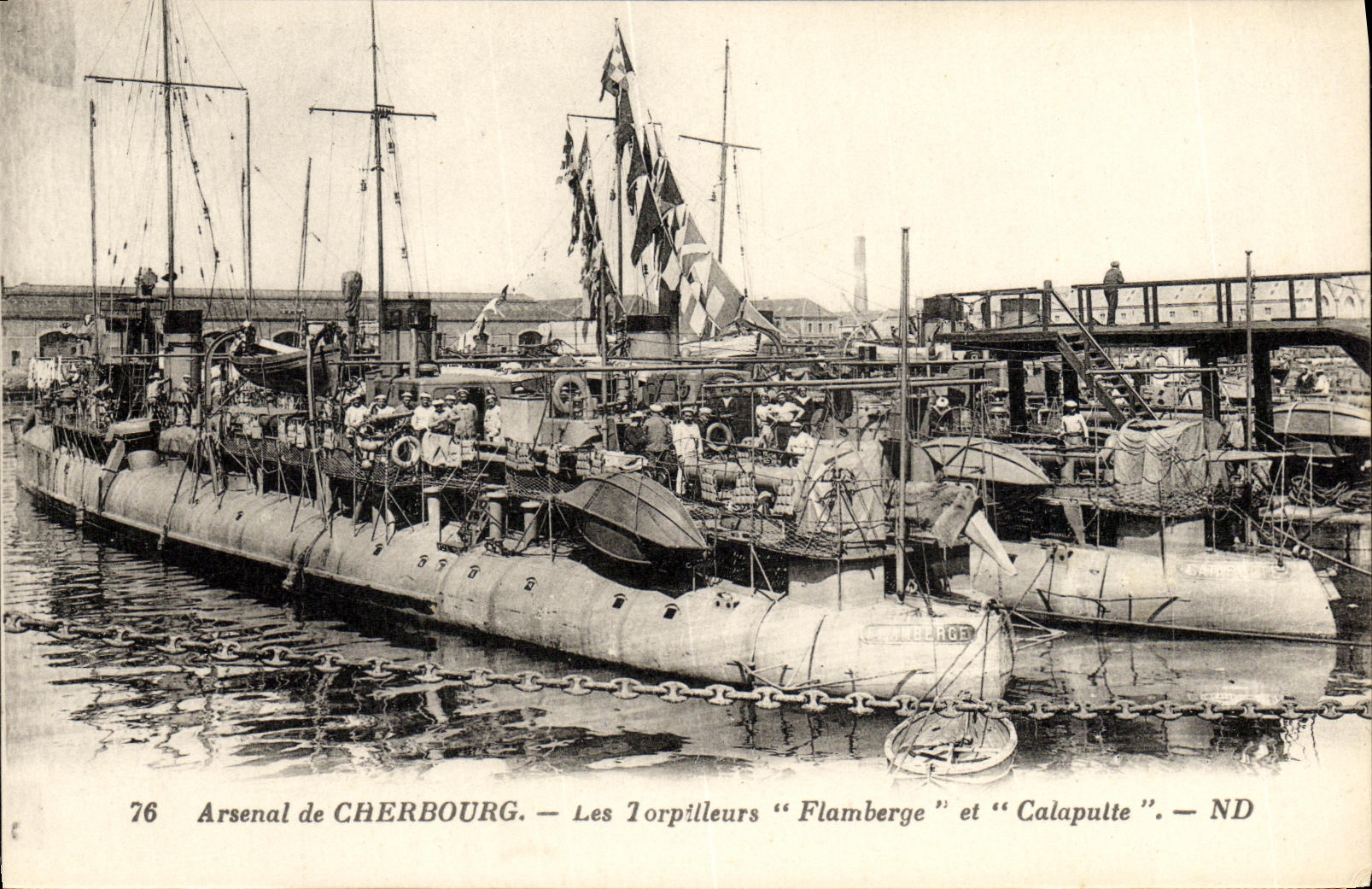 VINTAGE POSTCARD Boat Arsenal of Cherbourg the destroyers Flamberge and Catapulte
