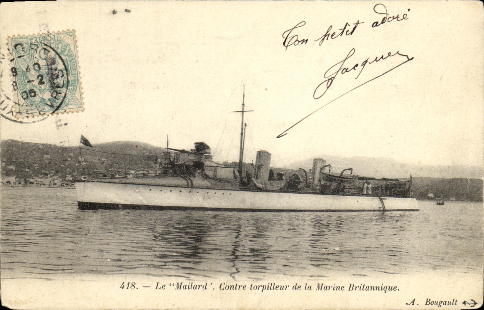 VINTAGE POSTCARD Boat Mailard Against destroyer of the British navy