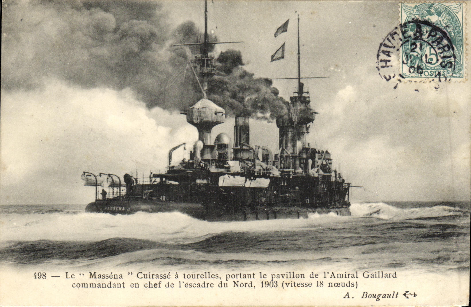 VINTAGE POSTCARD Bateau Massena Cuirasse D squadron has turrets carrying the house of L admiral Gaillard Squadron of north
