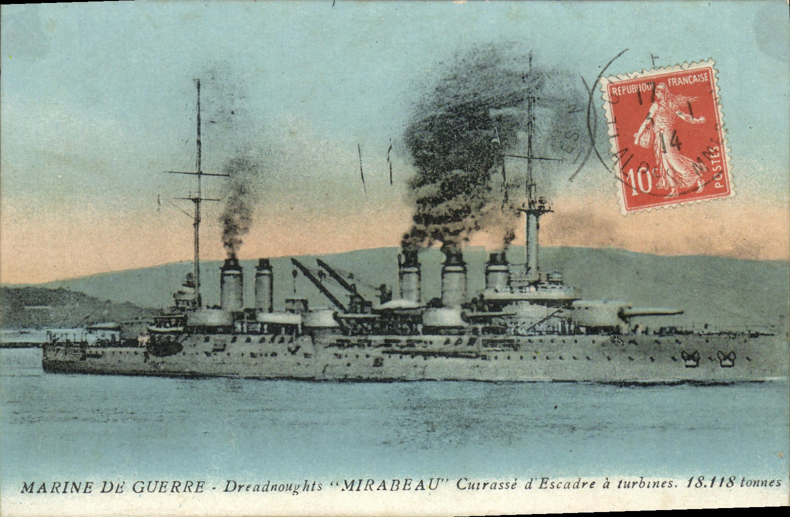 VINTAGE POSTCARD Bateau Dreadnoughts Mirabeau Cuirasse D squadron has turbines