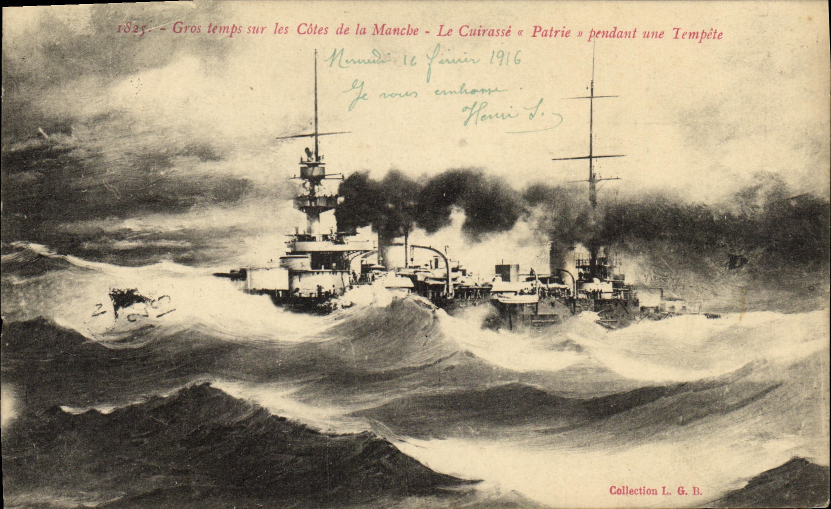 VINTAGE POSTCARD Bateau War heavy weather on the dimensions of the English Channel armours It Patrie during a storm