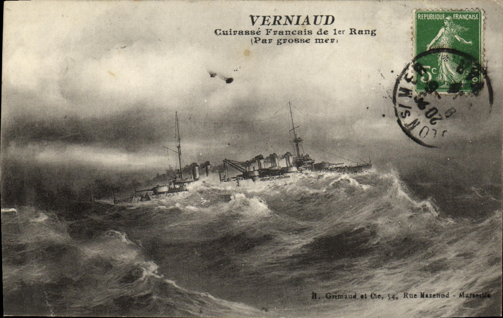 VINTAGE POSTCARD Boat War Verniaud Cuiraasse French of 1st rank by heavy sea