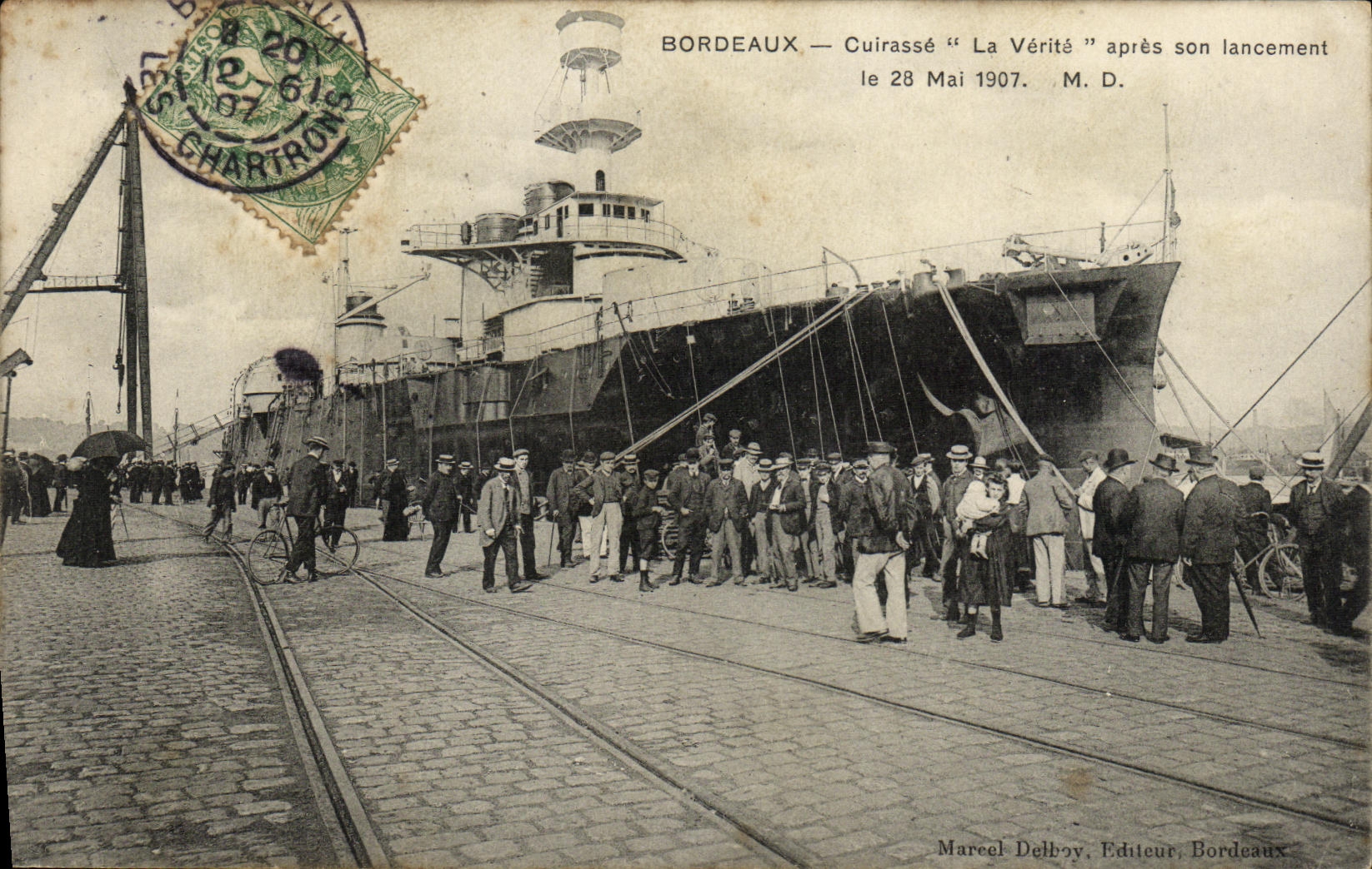 VINTAGE POSTCARD Bateau Bordeaux War Armours Truth after its launching May 28th  1907