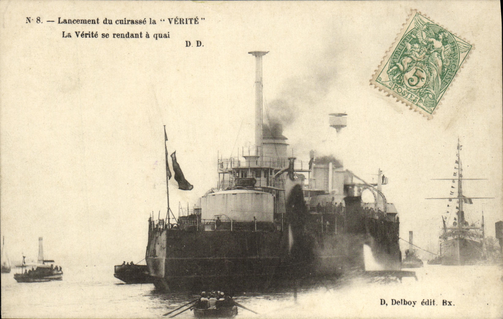 VINTAGE POSTCARD Bateau War going launching of the Verite armor the truth has quay