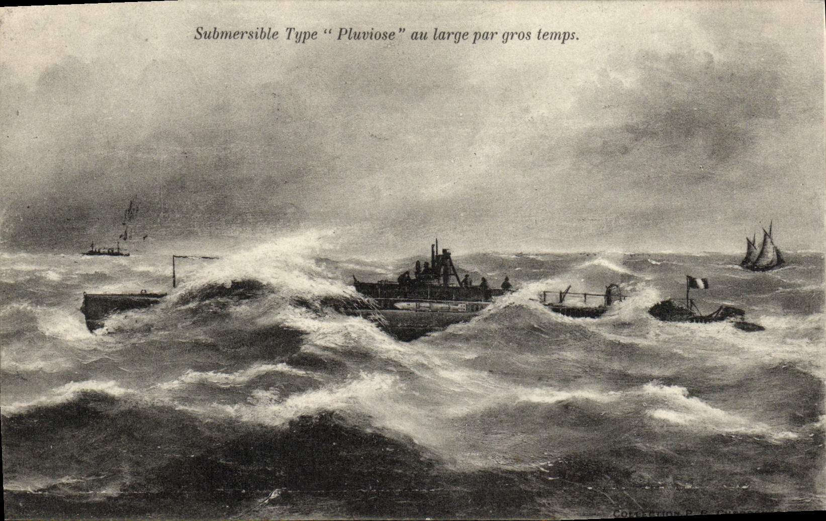 VINTAGE POSTCARD Boat standard War Submarine Pluviose with broad by heavy weather Submarine