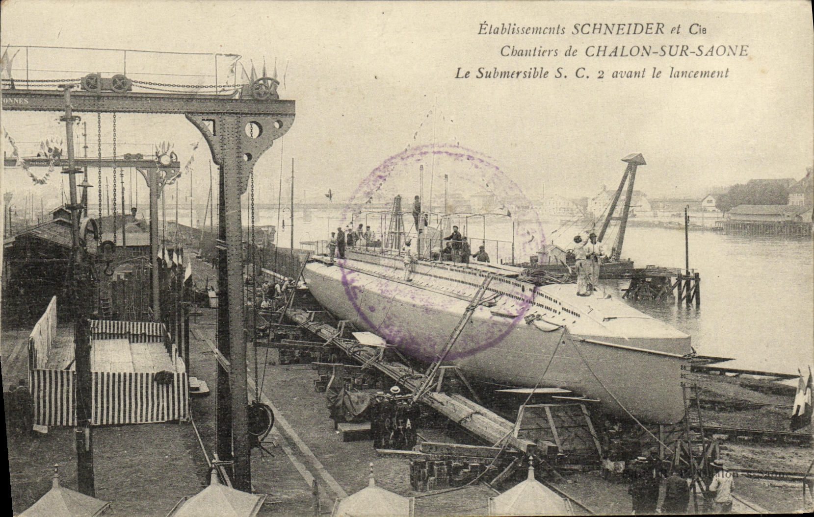 VINTAGE POSTCARD Boat War Trawl net on the Saone Building sites Schneider Co submarine SC2 before its launching Submarine