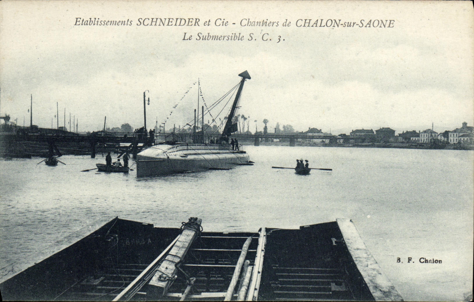VINTAGE POSTCARD Boat War Establishments Schneider Co Building sites of Trawl net on the Saone submarine SC3 Submarine